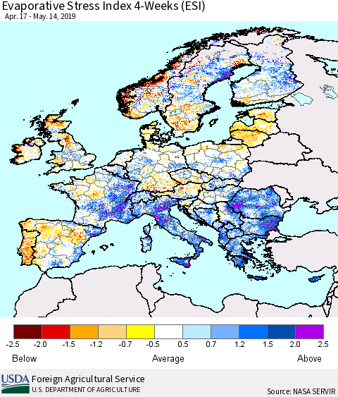 Europe Evaporative Stress Index (ESI), 4-Weeks Thematic Map For 5/13/2019 - 5/19/2019