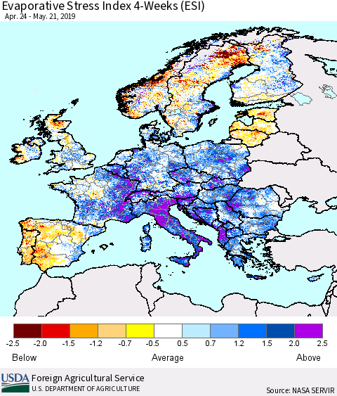 Europe Evaporative Stress Index (ESI), 4-Weeks Thematic Map For 5/20/2019 - 5/26/2019