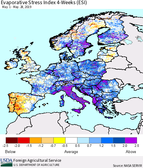 Europe Evaporative Stress Index (ESI), 4-Weeks Thematic Map For 5/27/2019 - 6/2/2019