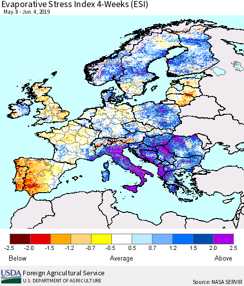 Europe Evaporative Stress Index (ESI), 4-Weeks Thematic Map For 6/3/2019 - 6/9/2019