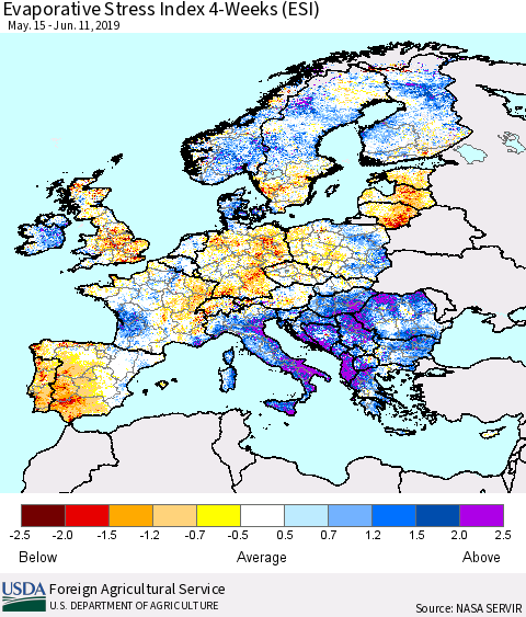 Europe Evaporative Stress Index (ESI), 4-Weeks Thematic Map For 6/10/2019 - 6/16/2019