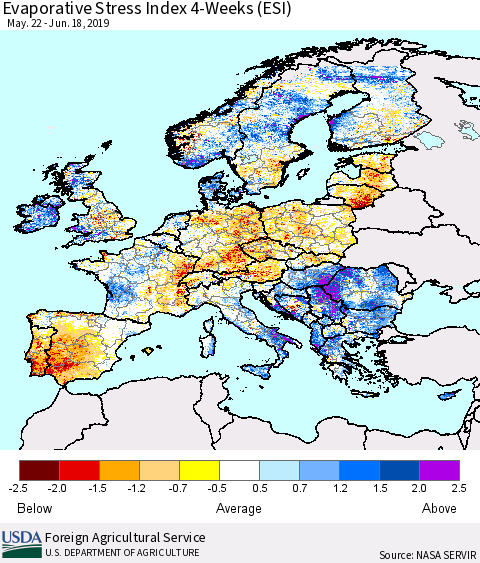 Europe Evaporative Stress Index (ESI), 4-Weeks Thematic Map For 6/17/2019 - 6/23/2019