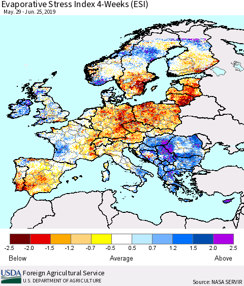 Europe Evaporative Stress Index (ESI), 4-Weeks Thematic Map For 6/24/2019 - 6/30/2019