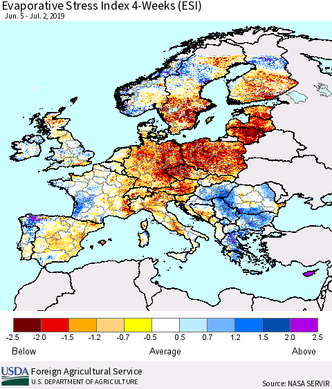 Europe Evaporative Stress Index (ESI), 4-Weeks Thematic Map For 7/1/2019 - 7/7/2019