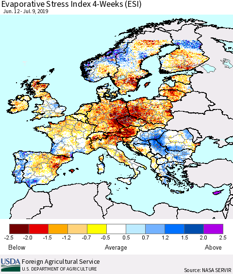 Europe Evaporative Stress Index (ESI), 4-Weeks Thematic Map For 7/8/2019 - 7/14/2019
