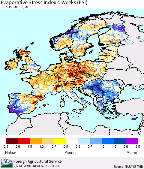Europe Evaporative Stress Index (ESI), 4-Weeks Thematic Map For 7/15/2019 - 7/21/2019