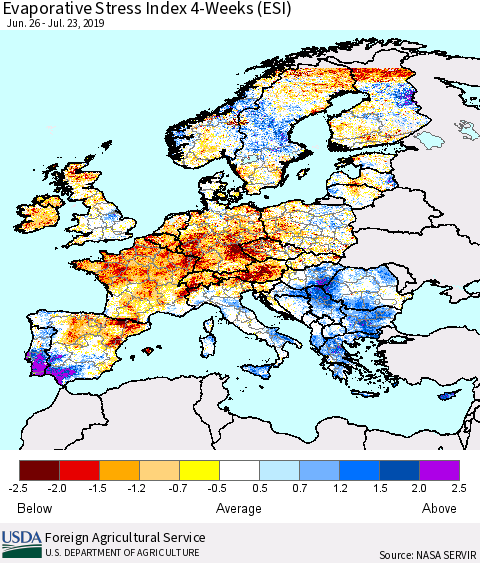 Europe Evaporative Stress Index (ESI), 4-Weeks Thematic Map For 7/22/2019 - 7/28/2019