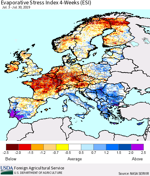 Europe Evaporative Stress Index (ESI), 4-Weeks Thematic Map For 7/29/2019 - 8/4/2019