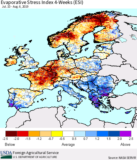 Europe Evaporative Stress Index (ESI), 4-Weeks Thematic Map For 8/5/2019 - 8/11/2019