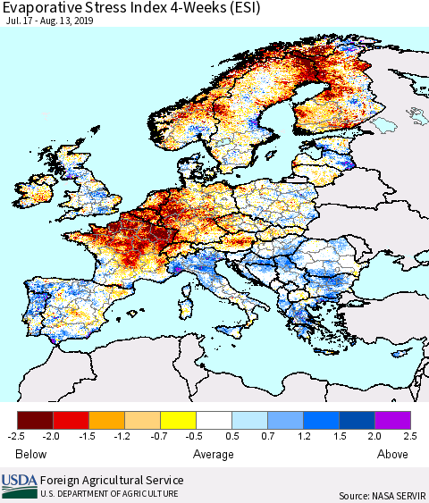 Europe Evaporative Stress Index (ESI), 4-Weeks Thematic Map For 8/12/2019 - 8/18/2019