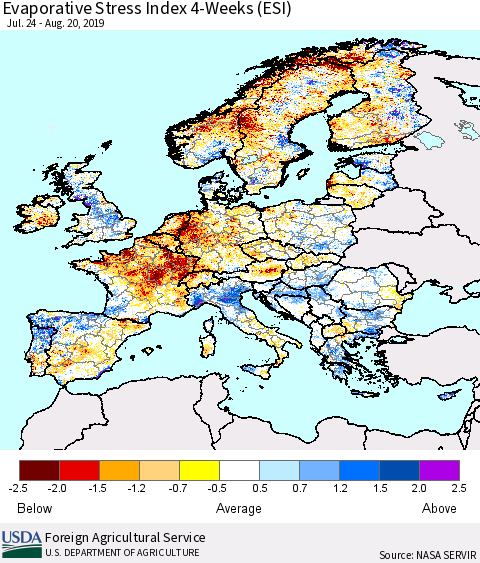 Europe Evaporative Stress Index (ESI), 4-Weeks Thematic Map For 8/19/2019 - 8/25/2019