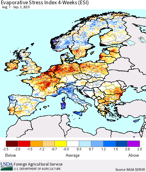 Europe Evaporative Stress Index (ESI), 4-Weeks Thematic Map For 9/2/2019 - 9/8/2019