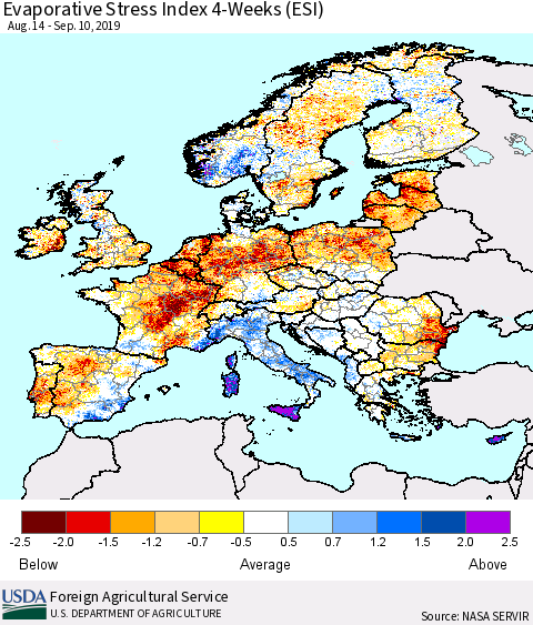 Europe Evaporative Stress Index (ESI), 4-Weeks Thematic Map For 9/9/2019 - 9/15/2019