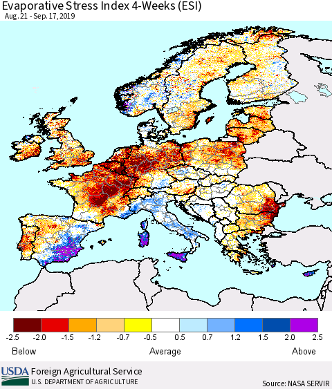 Europe Evaporative Stress Index (ESI), 4-Weeks Thematic Map For 9/16/2019 - 9/22/2019