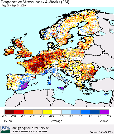 Europe Evaporative Stress Index (ESI), 4-Weeks Thematic Map For 9/23/2019 - 9/29/2019