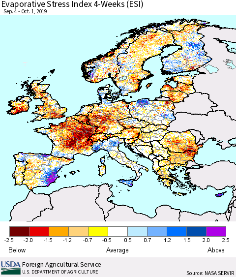 Europe Evaporative Stress Index (ESI), 4-Weeks Thematic Map For 9/30/2019 - 10/6/2019