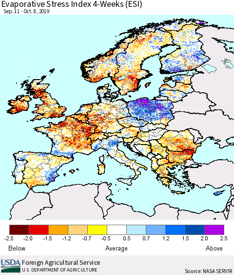 Europe Evaporative Stress Index (ESI), 4-Weeks Thematic Map For 10/7/2019 - 10/13/2019