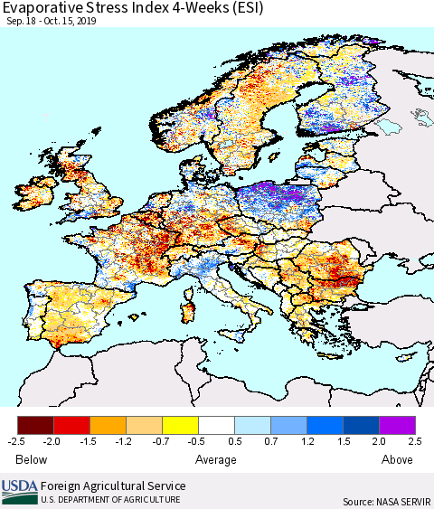 Europe Evaporative Stress Index (ESI), 4-Weeks Thematic Map For 10/14/2019 - 10/20/2019