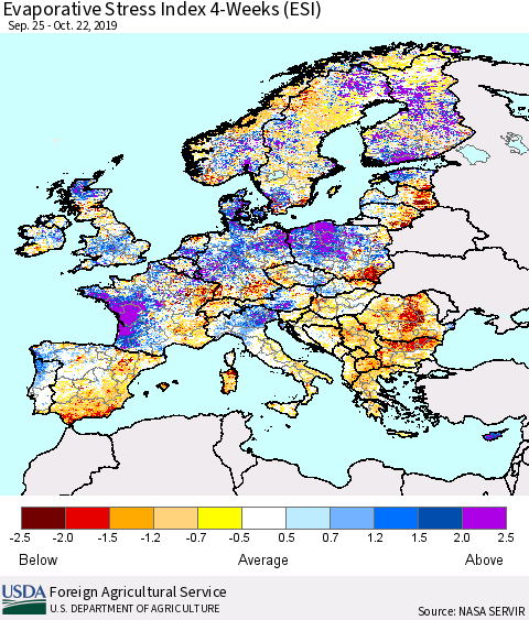 Europe Evaporative Stress Index (ESI), 4-Weeks Thematic Map For 10/21/2019 - 10/27/2019