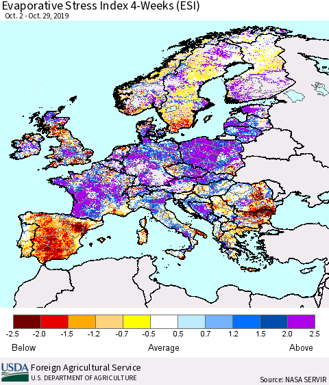 Europe Evaporative Stress Index (ESI), 4-Weeks Thematic Map For 10/28/2019 - 11/3/2019