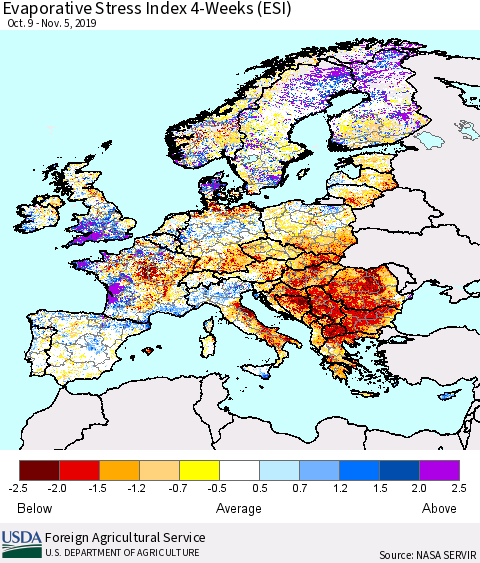 Europe Evaporative Stress Index (ESI), 4-Weeks Thematic Map For 11/4/2019 - 11/10/2019