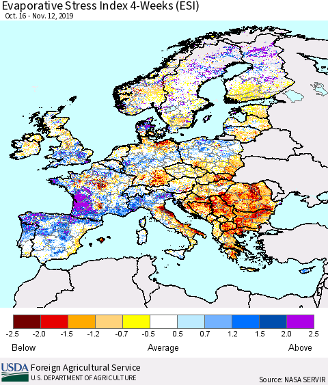 Europe Evaporative Stress Index (ESI), 4-Weeks Thematic Map For 11/11/2019 - 11/17/2019