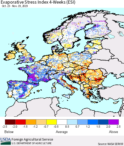Europe Evaporative Stress Index (ESI), 4-Weeks Thematic Map For 11/18/2019 - 11/24/2019