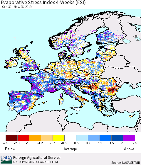 Europe Evaporative Stress Index (ESI), 4-Weeks Thematic Map For 11/25/2019 - 12/1/2019