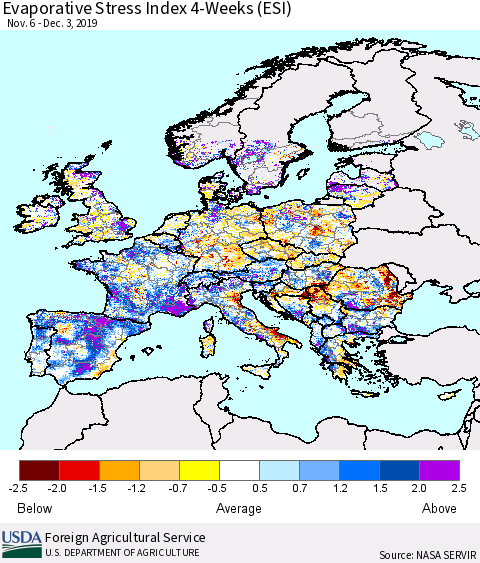 Europe Evaporative Stress Index (ESI), 4-Weeks Thematic Map For 12/2/2019 - 12/8/2019