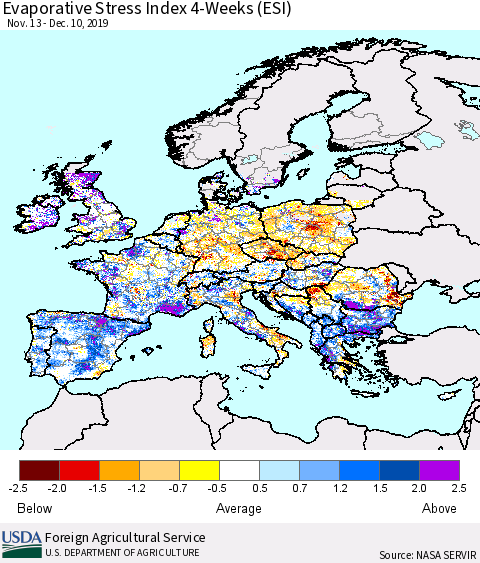 Europe Evaporative Stress Index (ESI), 4-Weeks Thematic Map For 12/9/2019 - 12/15/2019