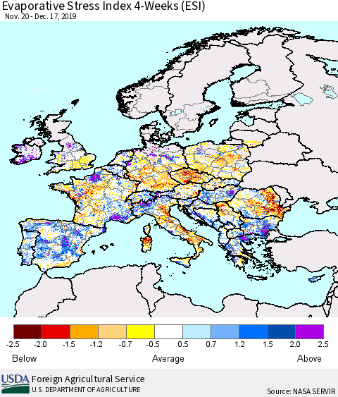 Europe Evaporative Stress Index (ESI), 4-Weeks Thematic Map For 12/16/2019 - 12/22/2019