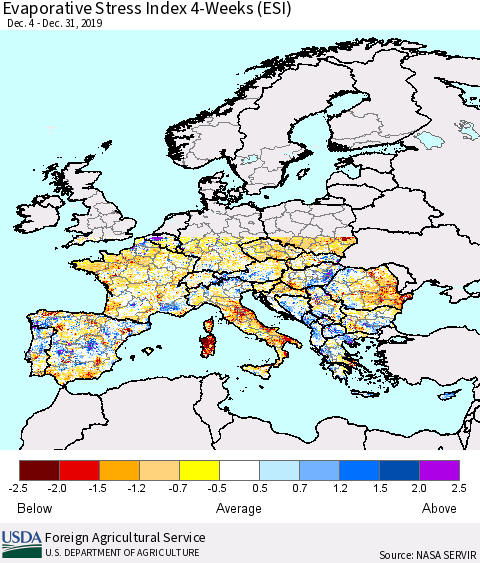 Europe Evaporative Stress Index (ESI), 4-Weeks Thematic Map For 12/30/2019 - 1/5/2020
