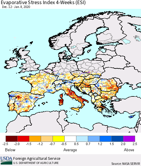Europe Evaporative Stress Index (ESI), 4-Weeks Thematic Map For 1/6/2020 - 1/12/2020