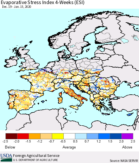 Europe Evaporative Stress Index (ESI), 4-Weeks Thematic Map For 1/13/2020 - 1/19/2020