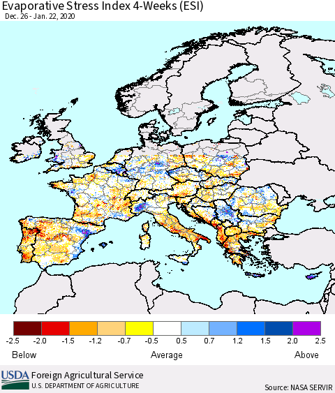Europe Evaporative Stress Index (ESI), 4-Weeks Thematic Map For 1/20/2020 - 1/26/2020