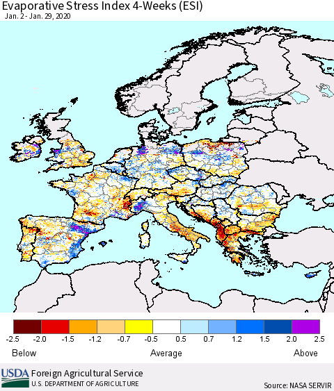 Europe Evaporative Stress Index (ESI), 4-Weeks Thematic Map For 1/27/2020 - 2/2/2020