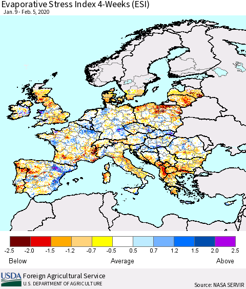 Europe Evaporative Stress Index (ESI), 4-Weeks Thematic Map For 2/3/2020 - 2/9/2020