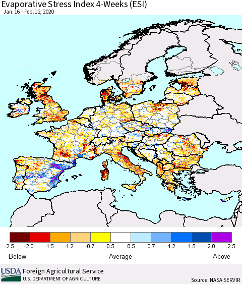 Europe Evaporative Stress Index (ESI), 4-Weeks Thematic Map For 2/10/2020 - 2/16/2020