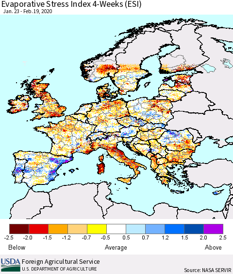 Europe Evaporative Stress Index (ESI), 4-Weeks Thematic Map For 2/17/2020 - 2/23/2020