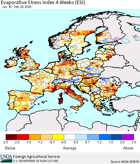Europe Evaporative Stress Index (ESI), 4-Weeks Thematic Map For 2/24/2020 - 3/1/2020