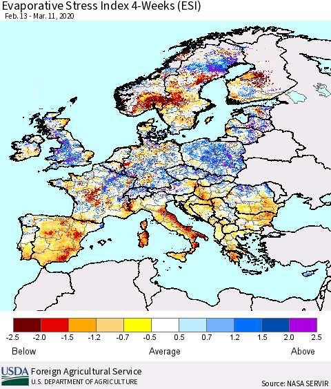 Europe Evaporative Stress Index (ESI), 4-Weeks Thematic Map For 3/9/2020 - 3/15/2020