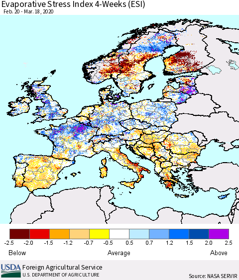 Europe Evaporative Stress Index (ESI), 4-Weeks Thematic Map For 3/16/2020 - 3/22/2020