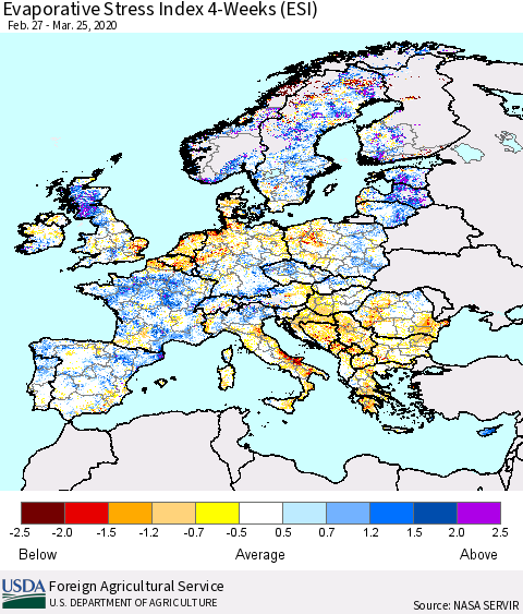 Europe Evaporative Stress Index (ESI), 4-Weeks Thematic Map For 3/23/2020 - 3/29/2020