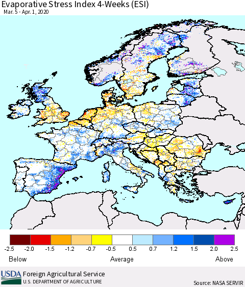 Europe Evaporative Stress Index (ESI), 4-Weeks Thematic Map For 3/30/2020 - 4/5/2020