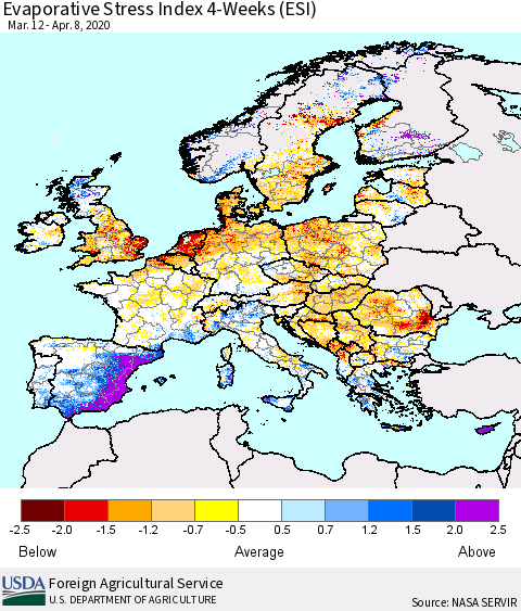 Europe Evaporative Stress Index (ESI), 4-Weeks Thematic Map For 4/6/2020 - 4/12/2020