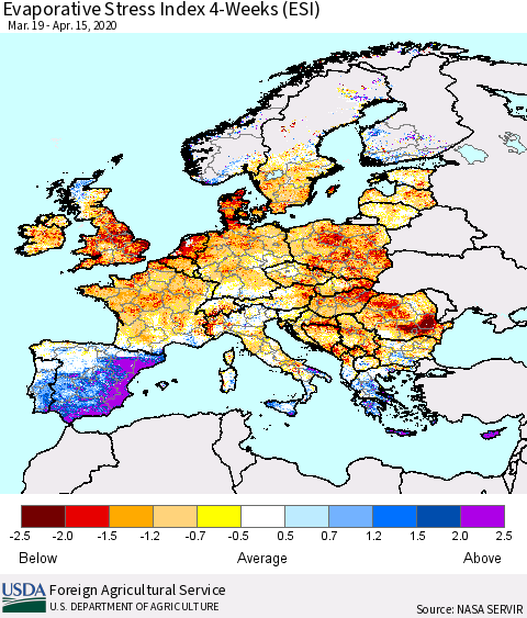 Europe Evaporative Stress Index (ESI), 4-Weeks Thematic Map For 4/13/2020 - 4/19/2020