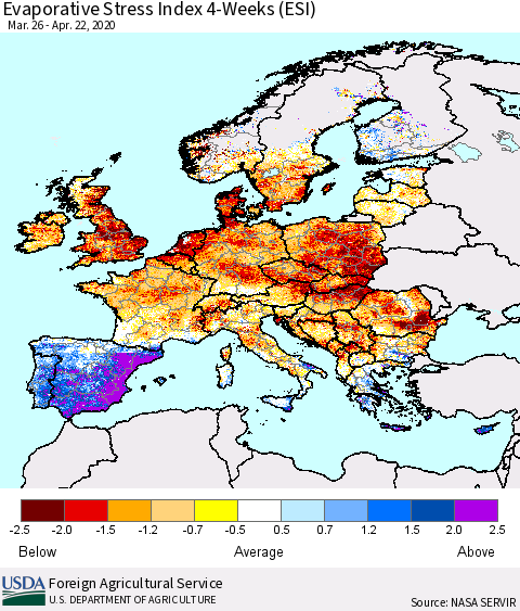 Europe Evaporative Stress Index (ESI), 4-Weeks Thematic Map For 4/20/2020 - 4/26/2020