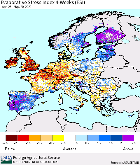 Europe Evaporative Stress Index (ESI), 4-Weeks Thematic Map For 5/18/2020 - 5/24/2020