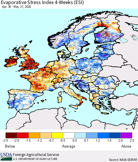 Europe Evaporative Stress Index (ESI), 4-Weeks Thematic Map For 5/25/2020 - 5/31/2020