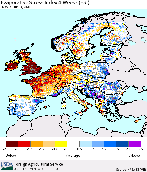 Europe Evaporative Stress Index (ESI), 4-Weeks Thematic Map For 6/1/2020 - 6/7/2020